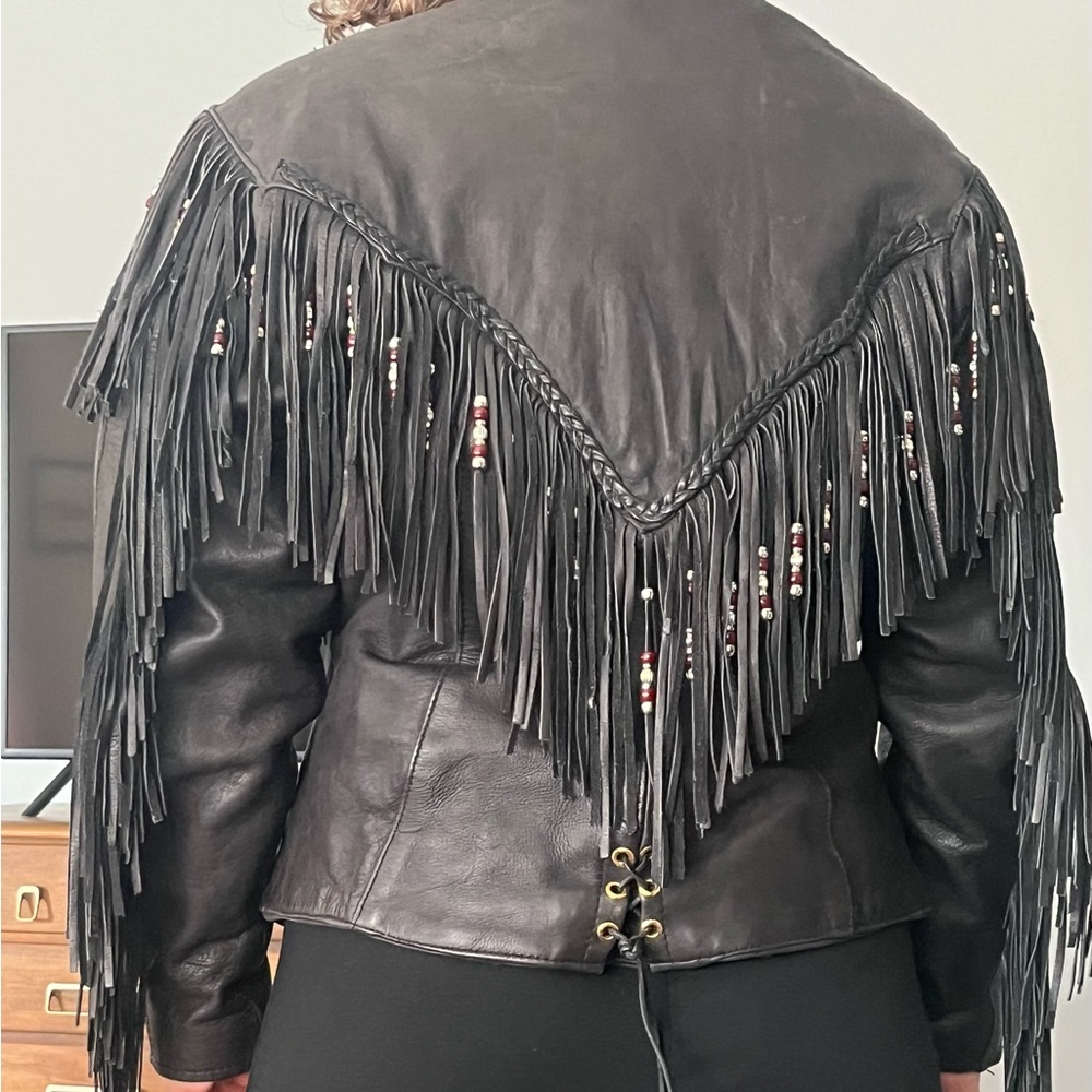 Black Fringe Leather Jacket - Picture 7 of 8